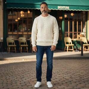 Vintage Structure Mens Cream Cable Knit Sweater Cotton Blend White Crewneck M